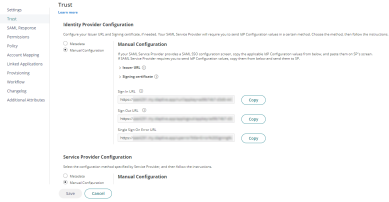 CyberArk app showing the Trust tab selected and the manual configuration menu expanded to show the different URLs to use. 