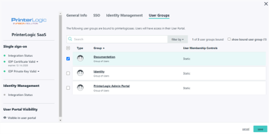 JumpCloud's User Groups tab showing the different groups with one selected. 