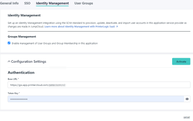 JumpCloud's Identity Management tab showing the Authentication section expanded and the SCIM information entered in. 