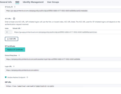 Jumpcloud app's SSO tab showing the different configuration fields and URLs. 