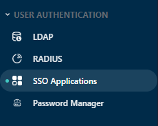 JumpCloud user authentication menu expanded and the SSO Applications option highlighted. 