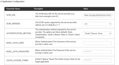 Application Configuration section showing the SCIM fields. 