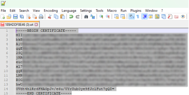 SAML Certificate opened in Notepad, showing the body of the content highlighted, excluding the being and end certificate lines.