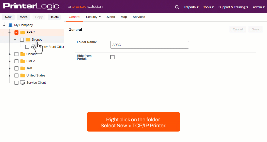 The steps for creating a printer in the admin console by right clicking on the folder, selecting new then TCP/IP printer, inputting the printer information and clicking Add. 