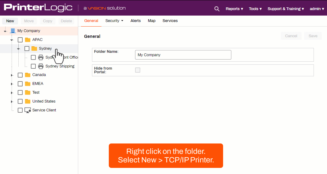 The steps showing how to create a pull printer in the Admin Console. 