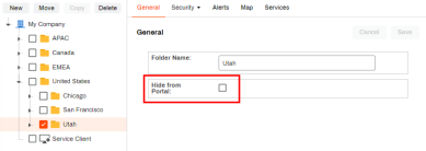 Folder object's General tab with the Hide from Portal checkbox highlighted.