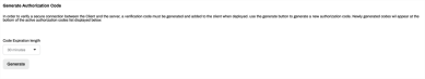 Generate Authorization Code section showing the Code Expiration Length drop-down and the Generate button. 