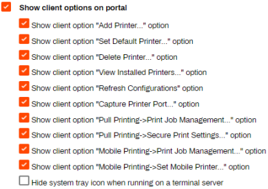 Shortcut options section showing the Show Client Options on Portal options with most enabled. 
