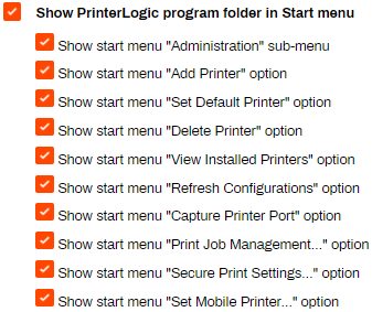 Shortcut options section, showing the Show PrinterLogic program folder in the Start Menu options. 