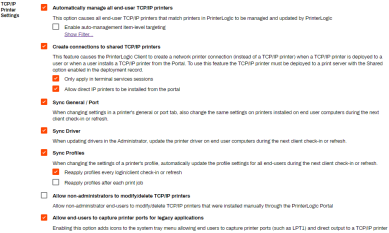TCP/IP Printer Settings showing the different global settings that can be configured, including Sync Drivers and Profiles. 