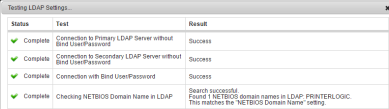 Testing LDAP Settings pop-up showing the four checks that are done to verify the connection and displaying the result in the right column. 