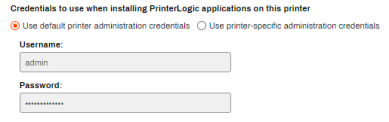 CPA Credentials section showing the global username and password option, and also the printer-specific admin credentials option. 