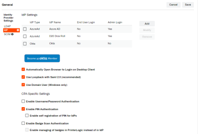 Identity Provider Settings section showing the IdP option enabled with the configured IdPs to the right, and the IdP specific settings below. 