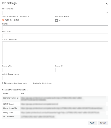 IdP Settings pop-up showing the different configuration fields, and the Service Provider information at the botton. 