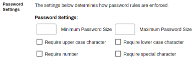 Password settings sections showing the options for password rules, including the minimum / maximum password size, and requirements like upper case characters, numbers, and special characters. 