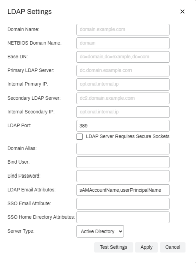 LDAP Settings pop-up showing the different fields for configuring the connection, and the buttons for Test Settings, Apply, and Cancel in the bottom right. 