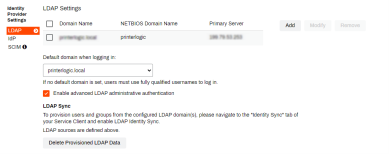 Identity Provider Settings section showing the LDAP option highlighted, and displaying the domain, server IP Address, drop-down for the default domain when logging in, Enable Advanced LDAP Administrative Authentication, and the button to Delete Provisioned LDAP Data.