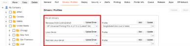 Printer object's Drivers / Profiles tab with the enabled OS highlighted.