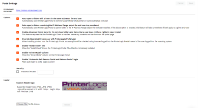 Portal Settings tab showing the check-boxes for the different portal settings, the security section, and the Header section used to upload a custom header.  