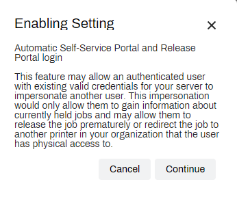 Automatic Login pop-up that shows when enabling the settting, a disclaimer explaining how the feature works, and the bottons to Cancel or Continue in the bottom right.  