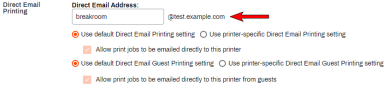 Printer object's Printing tab showing the Direct email printing section with an arrow pointing to the default domain which is showing after the direct email address field. 