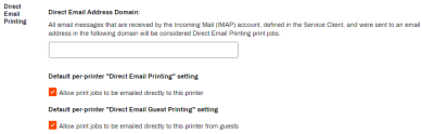 Printing tab's Direct Email Printing section showing the Direct Email Address domain field, and the global options to enable direct email printing and direct email guest printing for all printers. 