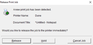 Release Print job pop-up showing the printer name, document title, and the buttons to Release, Hold, or Cancel a job. 
