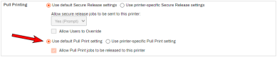 Printer object's Printing tab's pull printing section with an arrow pointing to the Use default pull print setting. 