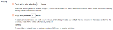 Printing tab's Purging section showing two options, first is to set the hours that active print jobs are purged after, and the second is to set the hours that held jobs are purged after. 