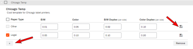 Cost Template showing the cost fields with arrows pointing to the Save and Plus sign icon.