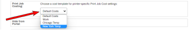 Print Job Costing showing the Default Costs drop-down and the different cost templates visible beneath.