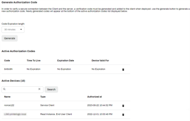 Device authorization tab displaying the Generate button and drop-down to select the expiration length. Below are additional sections showing generated codes, and Active Devices which are devices authorized in your environment. 