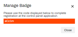 Manage Badge pop-up after clicking Get Registration Code, and it's showing the generated code highlighted in red. 