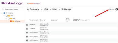 Self-service portal showing printer tree structure on the left, with printers in the middle, and an arrow pointing to the Menu option in the upper right. 