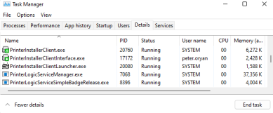 Task manager view showing the three PrinterLogic client services, the PrinterLogic service manager service, and the simple badge release service running on the details tab. 