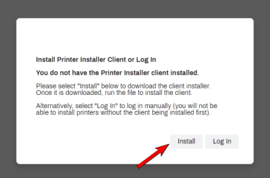 The install client prompt as seen in the web browser with an arrow pointing to the Install button in the lower right. 