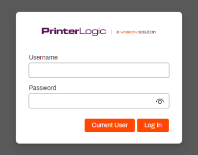 Login screen when visiting the self service portal showing the username and password fields as well as the Current User and Log In buttons. 