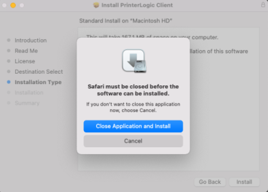 Mac UI Prompt to close the browser to complete installation. 