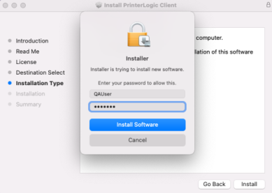 Prompt to enter user credentials on Mac during client installation. 