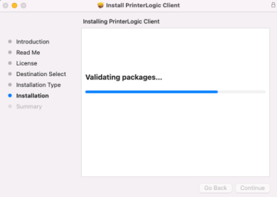 Mac client installation UI showing in progress for installation. 