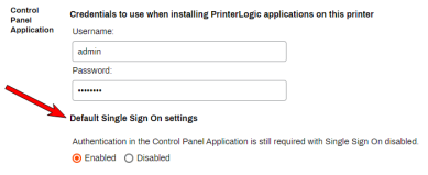 General tab's Control Panel Application section with an arrow pointing to the Default Single sign-on enable/disable setting.