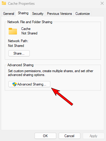 Folder properties box with the Sharing tab selected and an arrow pointing to the Advanced Sharing button. 
