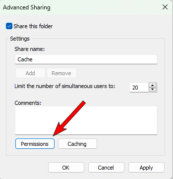 Folder's Advanced Sharing pop-up with an arrow pointing to the Permissions button. 