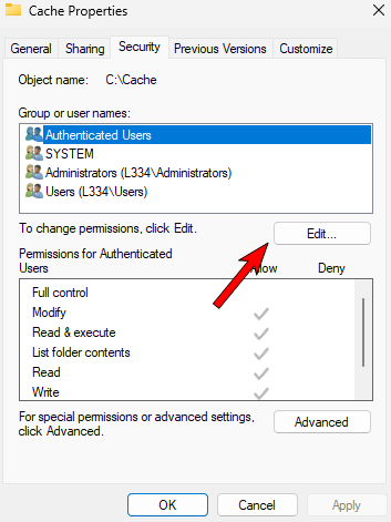 Folder properties box with the Security tab selected, and an arrow pointing to the Edit button. 