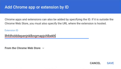Add Extension ID window with the extension added, and the Cancel and Save buttons are visible in the lower right. 