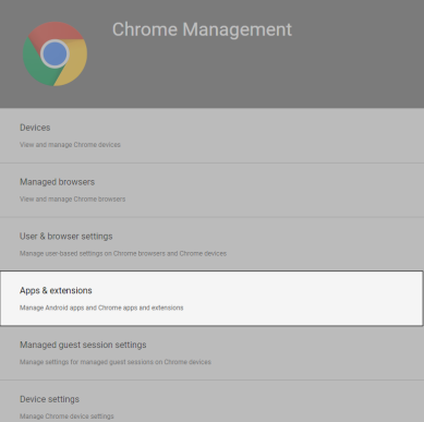 Chrome Management window showing the Apps and extensions option highlighted in the middle. 