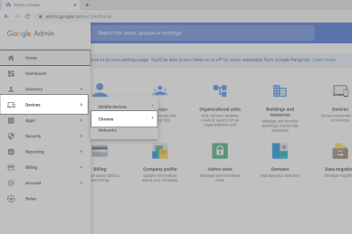 Google Admin portal with the left-side menu expanded and the Chrome sub-option highlighted under the Devices parent option. 