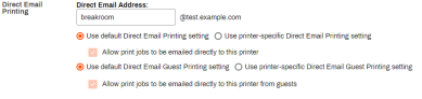 Direct Email Printing section showing the default or printer-specific options. 