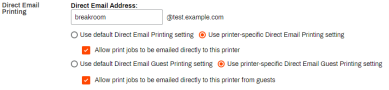 Printing tab showing the direct email and direct guest email printing settings set to the printer-specific options. 