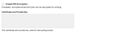 Service Client's Email Printing tab showing the Enable PKI encryption section with the enable check box, and the text field for the certificate and private key pairs. 